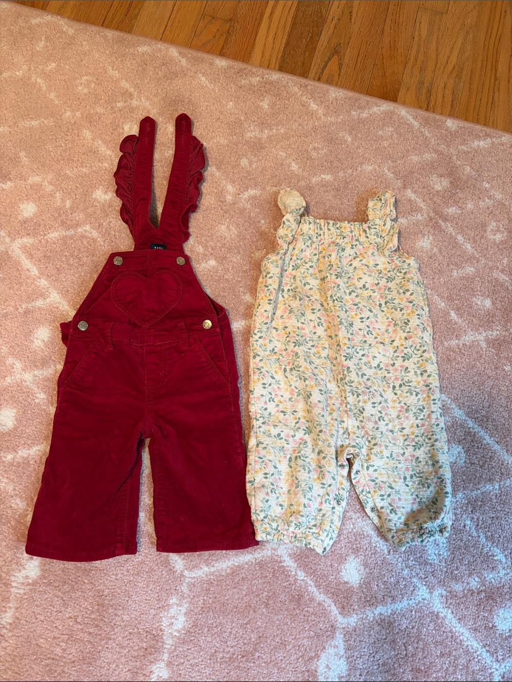 Set of adorable baby girl overalls.